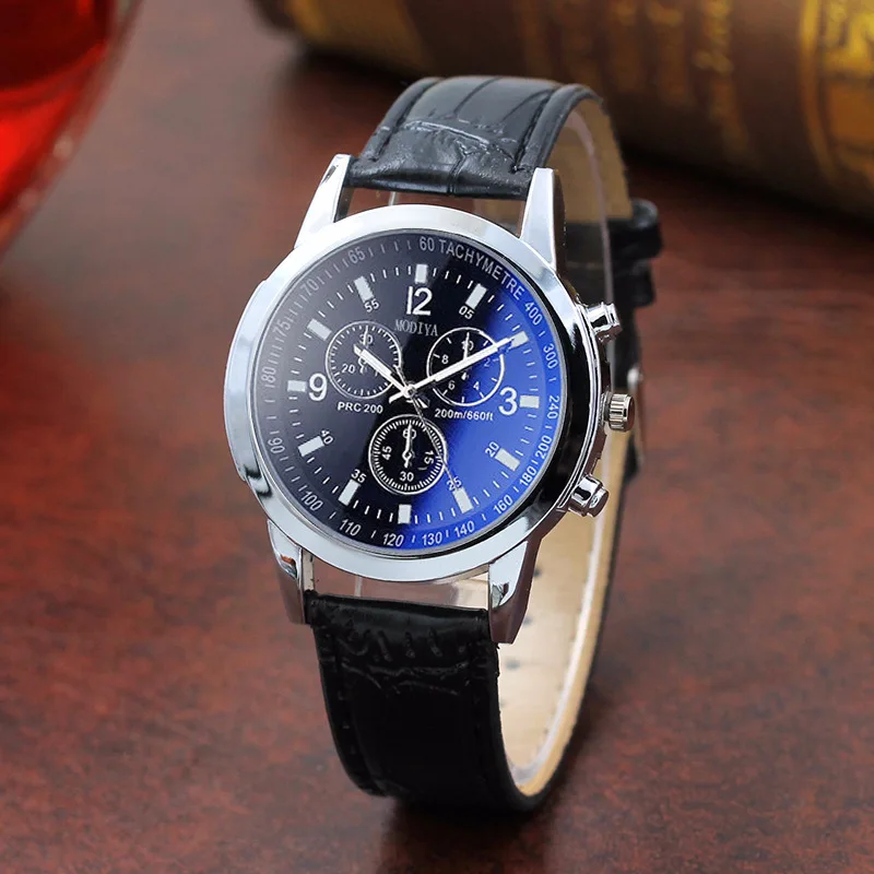 

Hot online shopping Fashion blue glass leather belt watch Hot gifts for man, As pic