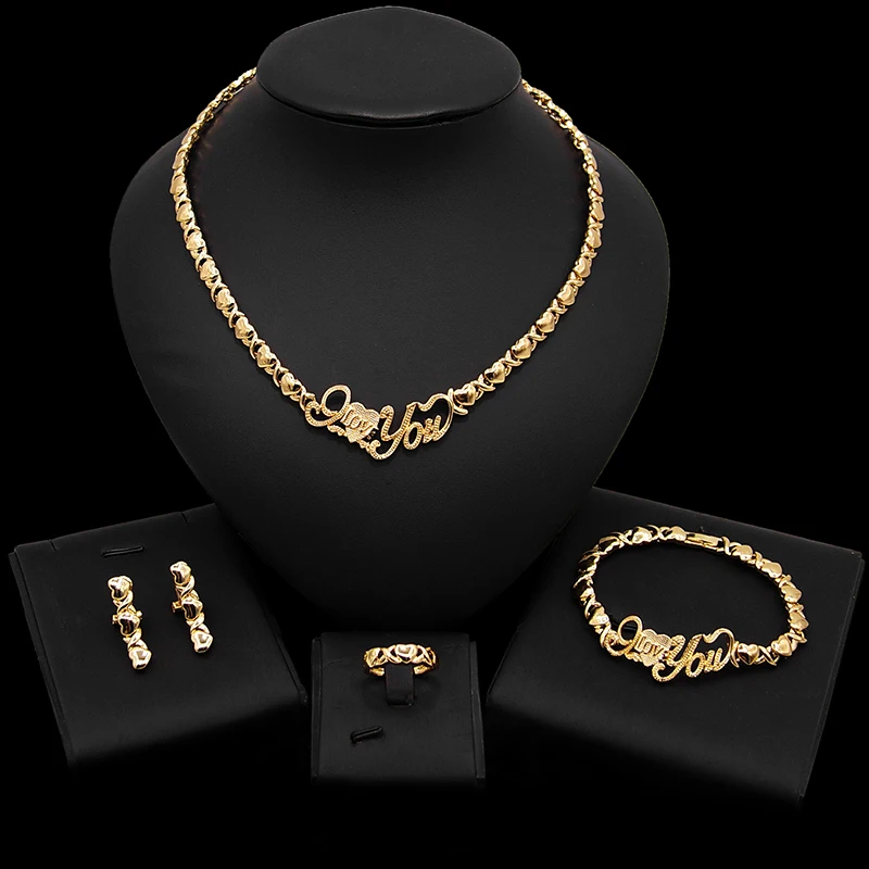 

Dubai Gold Jewelry Set Cute Necklace Earring Bracelet Ring Set Africa Wholesale Ladies Fashion Mini Dress Wedding Jewelry Sets