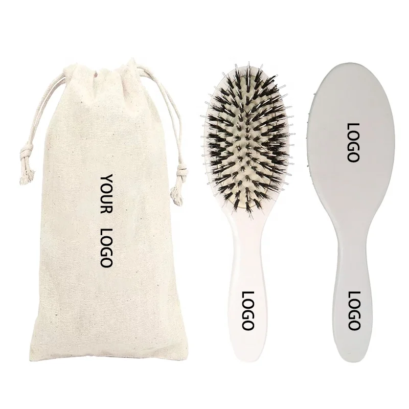 

Private label natural white wooden paddle nylon mix boar bristle hair extension wig brush with logo