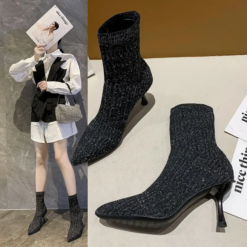 

Chic ankle boot woman 2020 winter new sexy stiletto heels fashion pointy elastic boots socks boots, Black