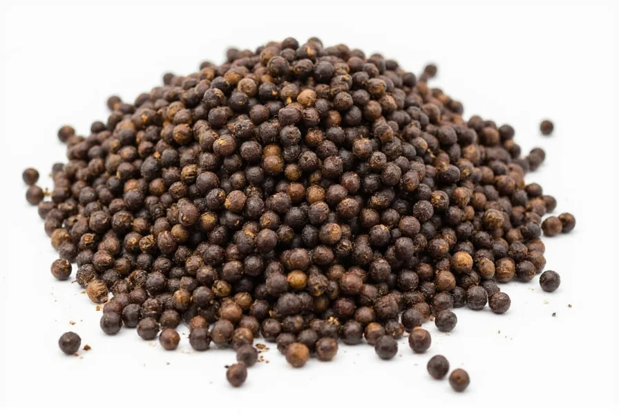 Close-up photography of freshly ground black pepper on white background showing fine texture and dark color