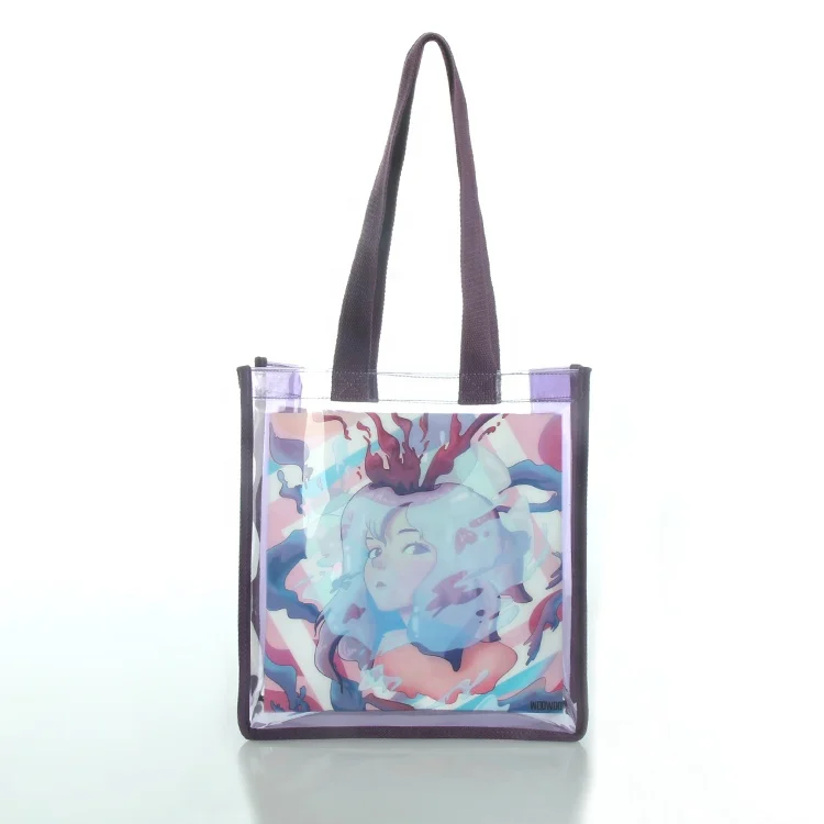 

Big Plastic Clear Pvc Turn Edge Pocket Silkscreen Reusable&Open Women Shopping Tote Bag, All design colors are available