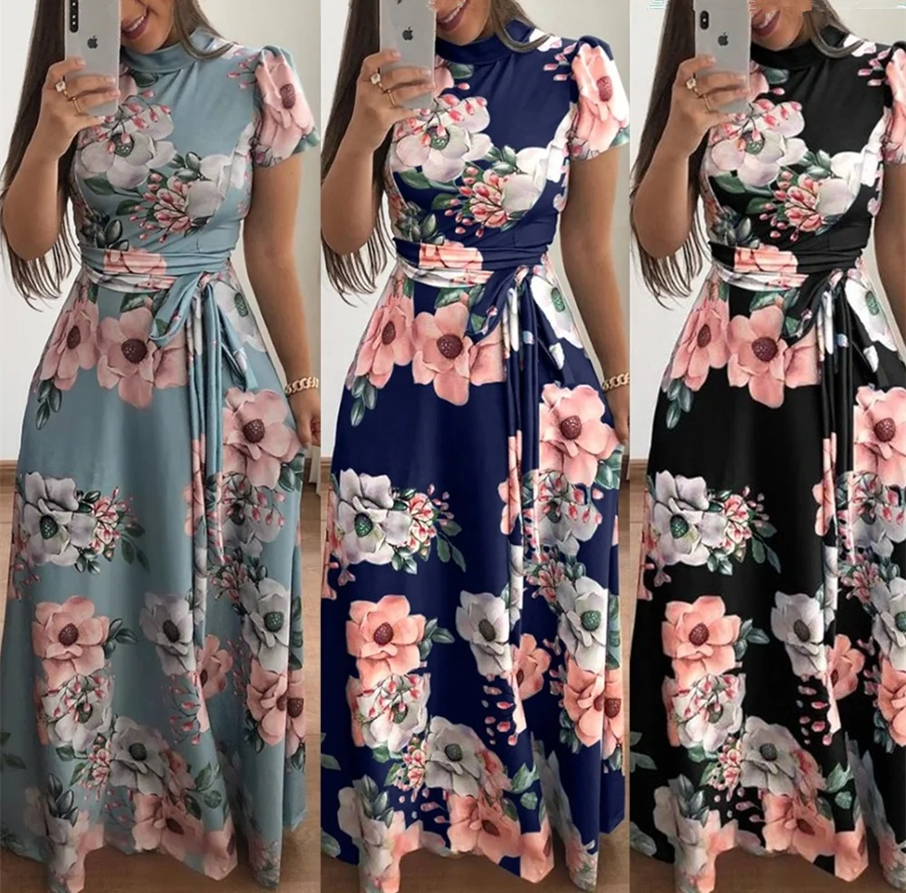 

Wholesale Plus Size Floral Printing O-Neck Short Sleeve Long Summer Dresses Clothing Dresses, Picture