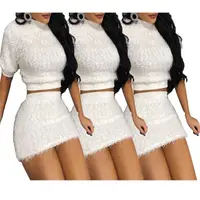 

09552NA new arrival hight collar white short sleeve crop top women mini skirt 2 piece set