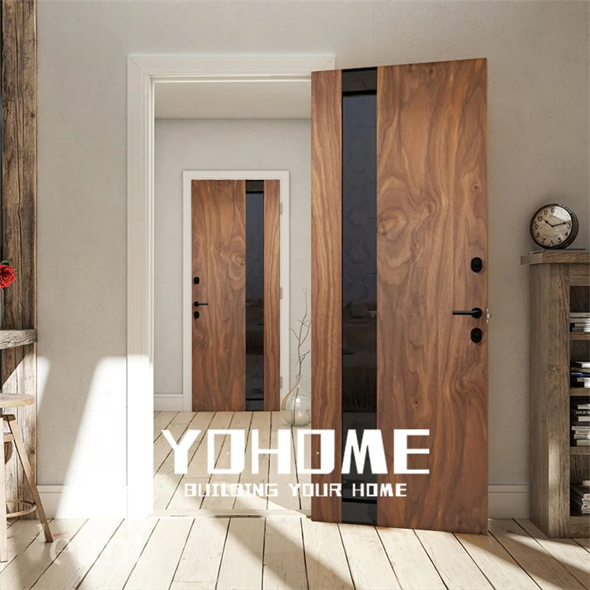 

Yohome custom steel glass interior door wooden framed interior steel wooden doors design modern interior walnut wooden door