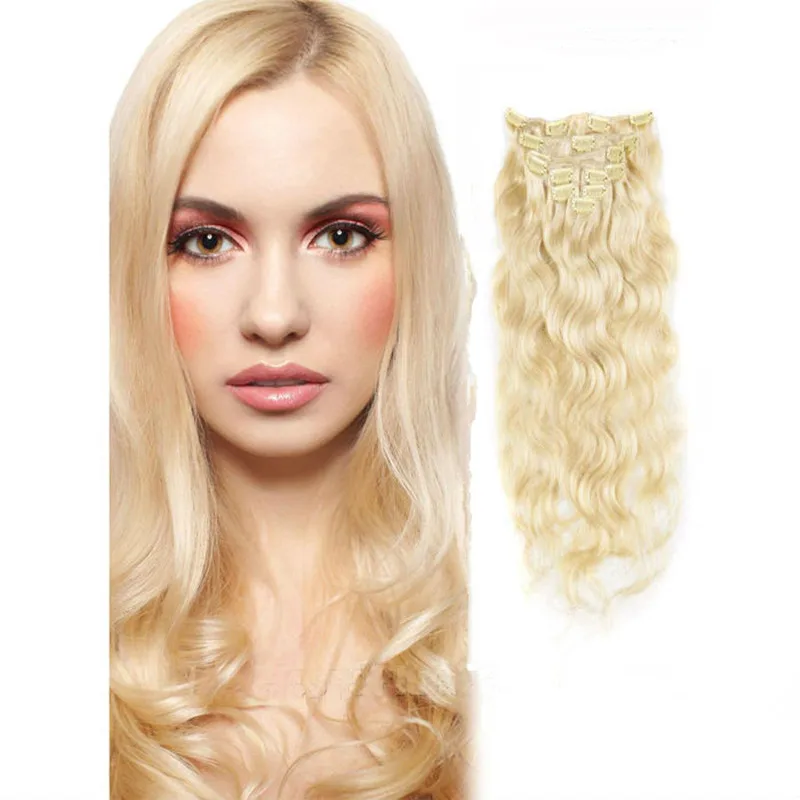 

Wholesales 100% Brazilian Remy Clip In Hair Extension, Light color Russian Virgin Hair Clip In Human Hair Extensions