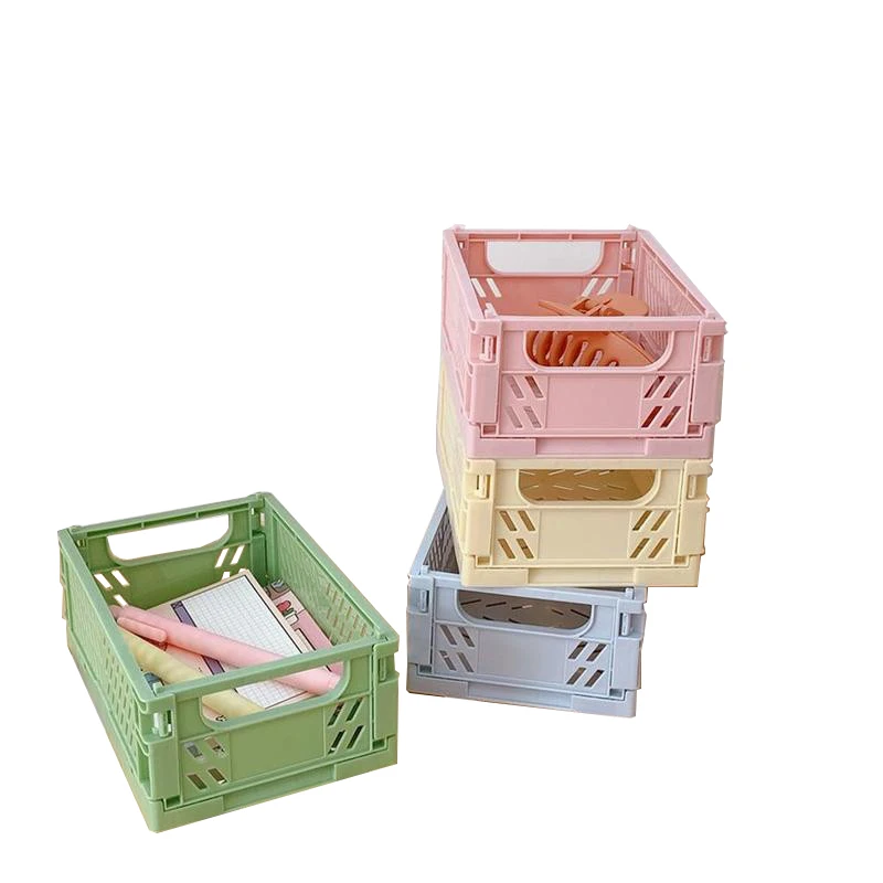 

Crate Collapsible Storage Box Plastic Folding Basket Home Office Storage Supplies Cosmetic Container Desktop Organizer Boxes, Pink/yellow/blue/green