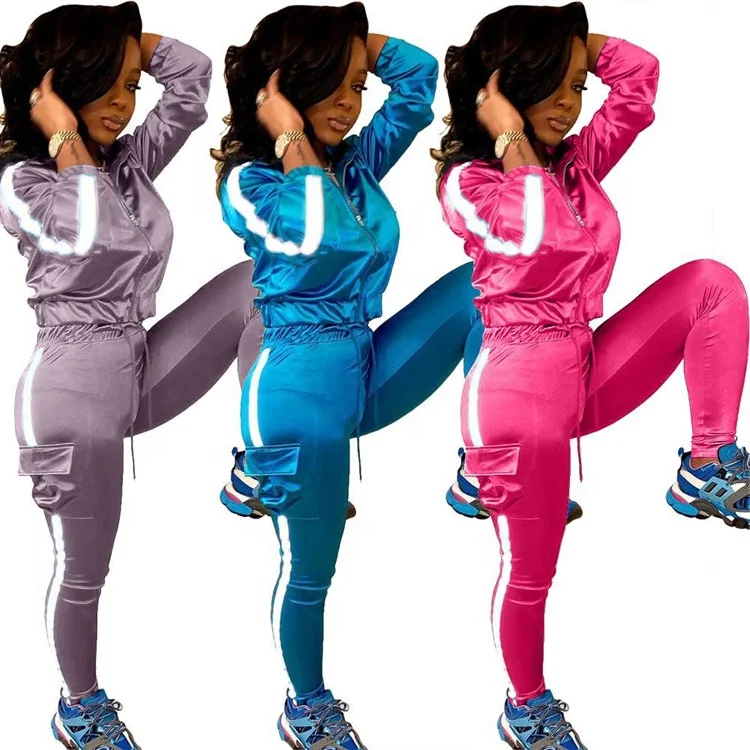 

QC-MN053 Casual solid patchwork jogging and training two piece set reflective running leggings women set