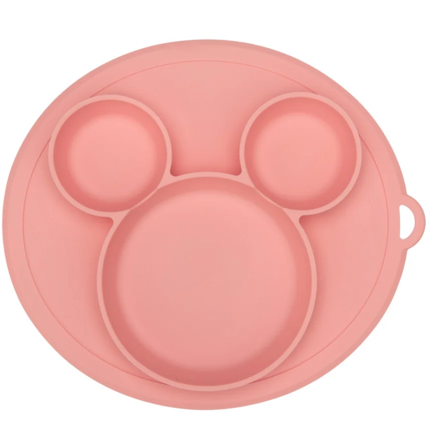 

High quality customizable food grade round silicone Mickey baby non-slip sucker baby feeding plate, Customized color