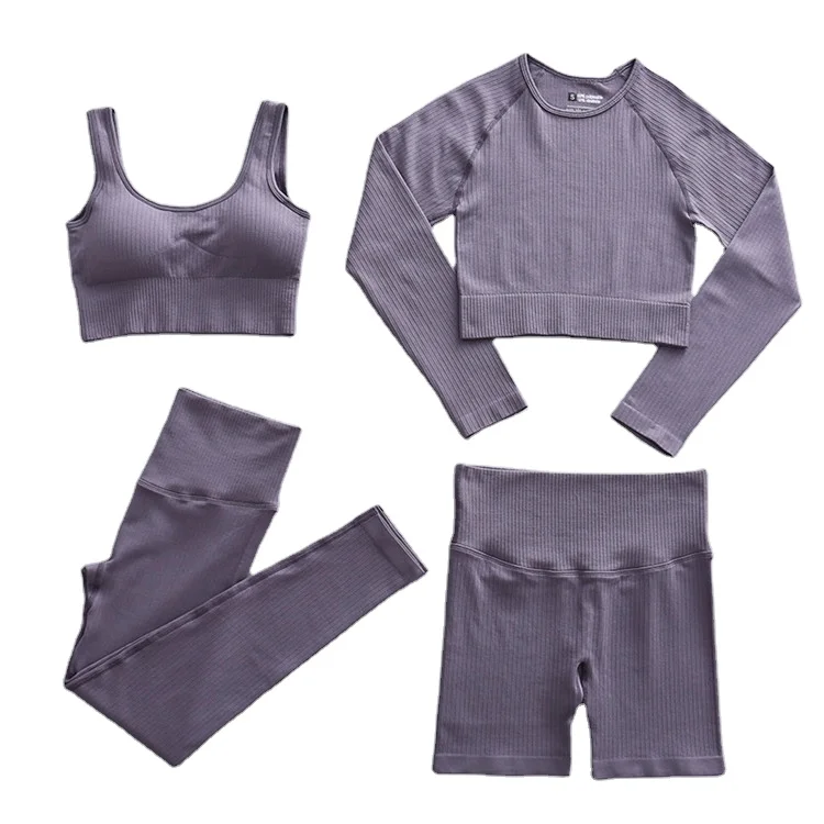 

Yoga Gym Track Suit Tights Training Wear Running Fitness Sweatsuit Wholesale 4pcs Active Set Womens Sportswear, Customized color
