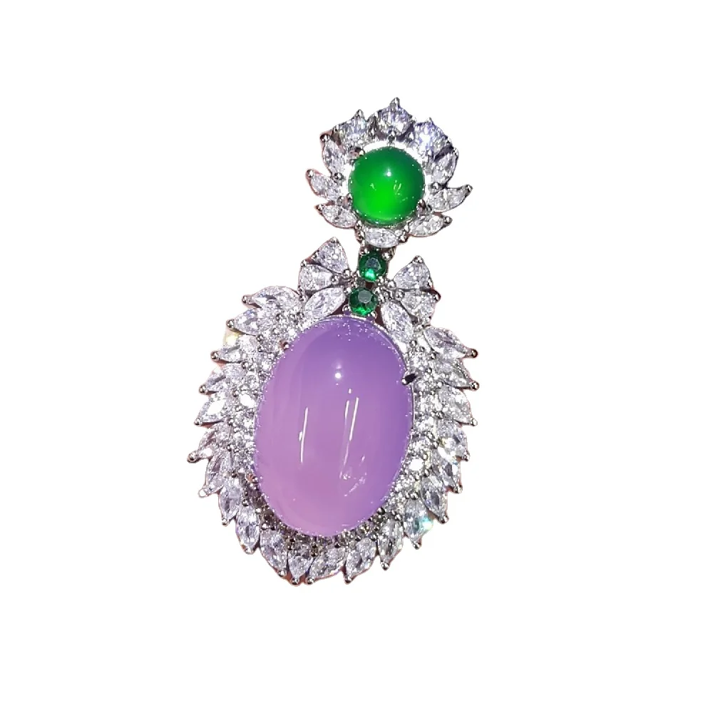 

Certified Natural High Ice Powder Purple Green Chalcedony S925 Silver Back Cover Inlaid Pendant Agate Jade