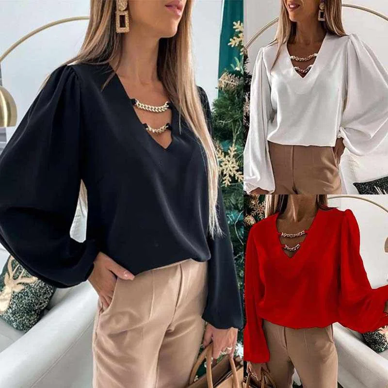 

2021 spring and summer hot style women's solid color chain fashion casual shirt, Picture color