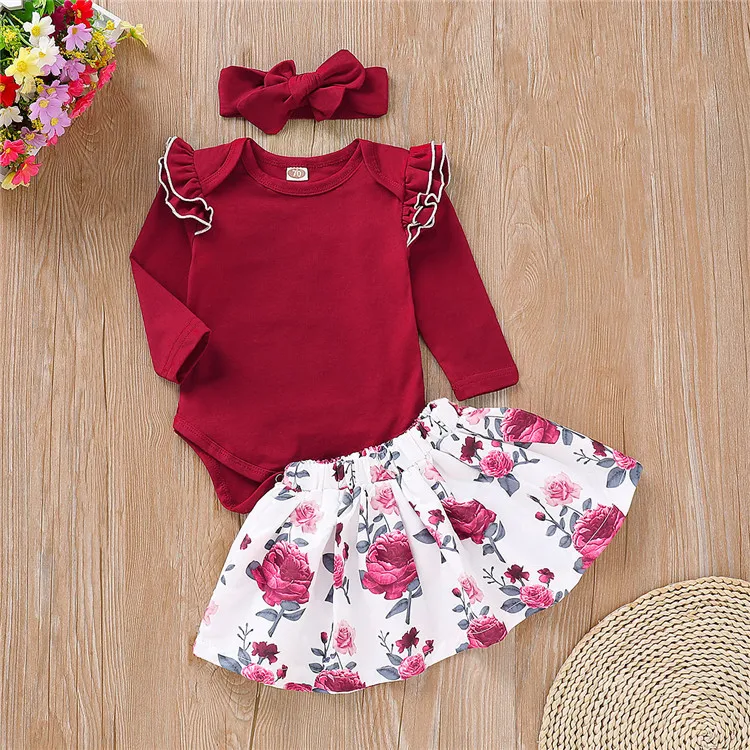 Baby Girl Boutique Clothing Sets Kids Outfit cute red top+ floral dress + hairband 3pcs Girls Clothing Set