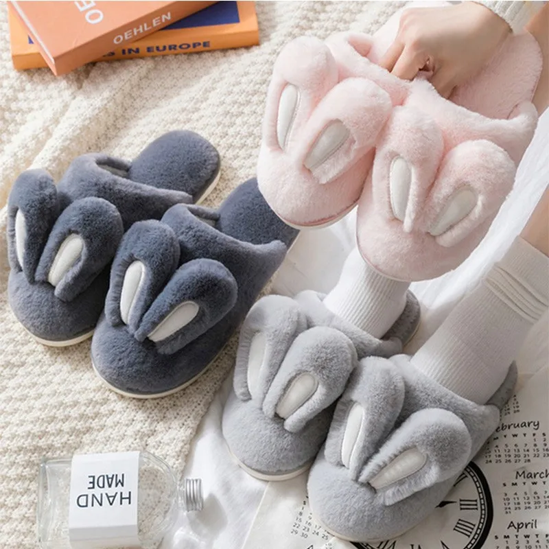 

Women Plush Slippers Winter Warm Rabbit Long Ears Furry Soft Sole Shoes Men Couples Comfort Home Indoor Bedroom Ladies Fur Slide