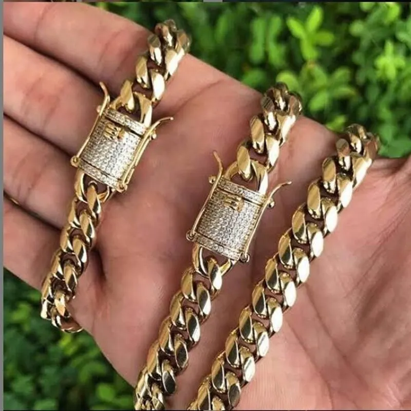 

Hip Hop 6/8/1012/14/16/18MM Iced Out Clasp Miami Necklace Mens 316L Stainless Steel Cuban Link Chain Necklaces For Men Jewelry