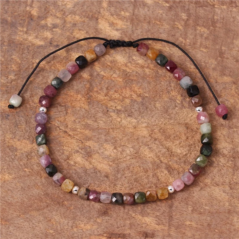 

Boho Natural Stone 4mm Square Candy Tourmaline Beads Dainty Bracelet Women Tibetan Yoga Adjustable Gemstone Bracelet Wholesale