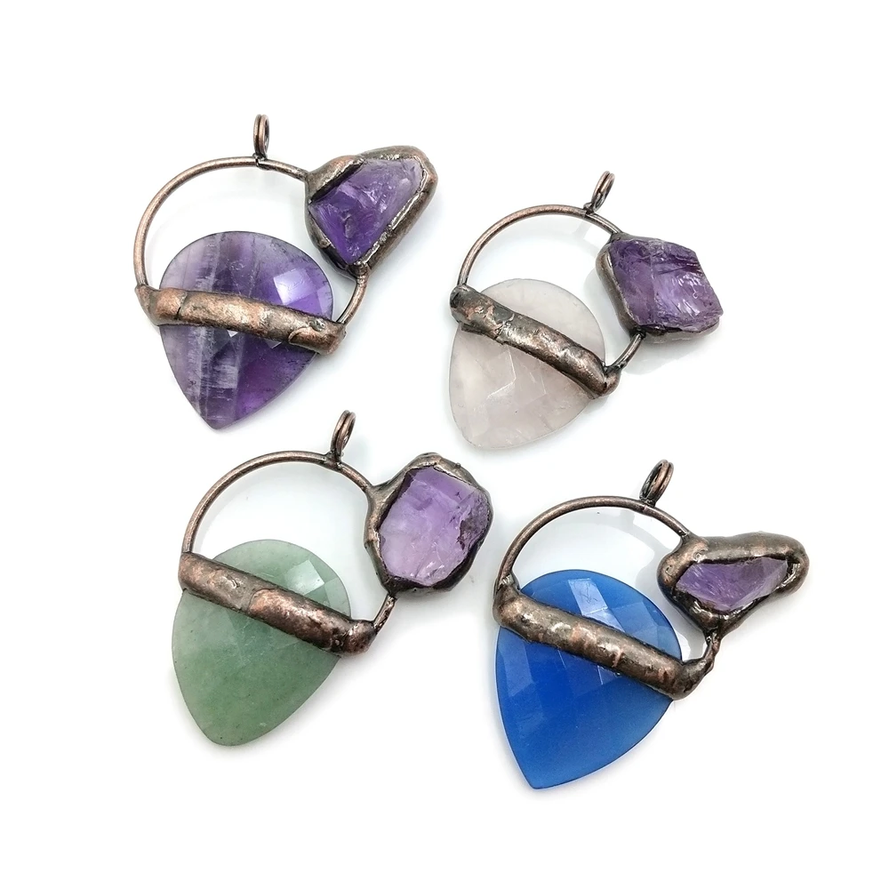 

Natural Rough Drop Shape Gemstone Blue Agate Faceted Blade Amethyst Pendant Bronze Jewelry Vintage Soldered Rings Pendants, Multi