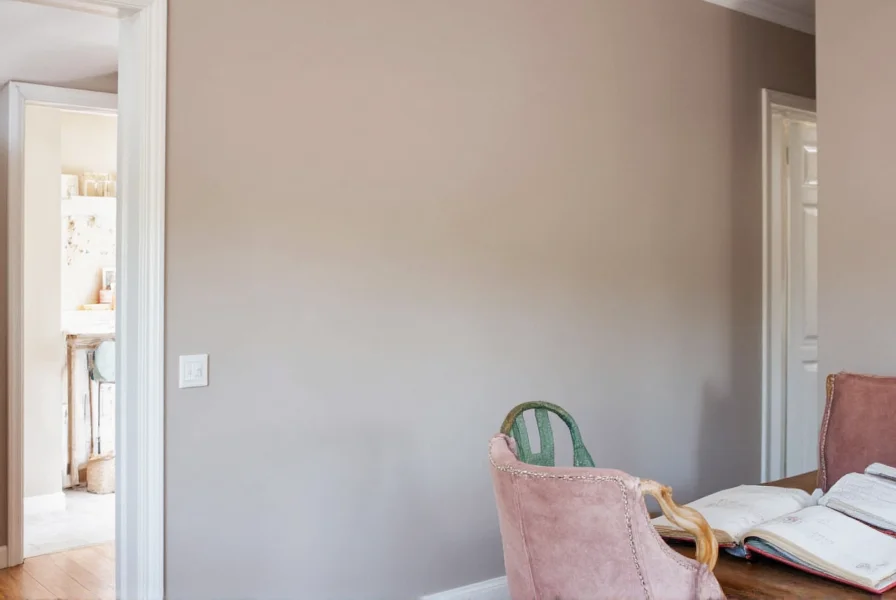 Room painted with cinnamon slate paint showing warm gray walls with reddish undertones in natural daylight