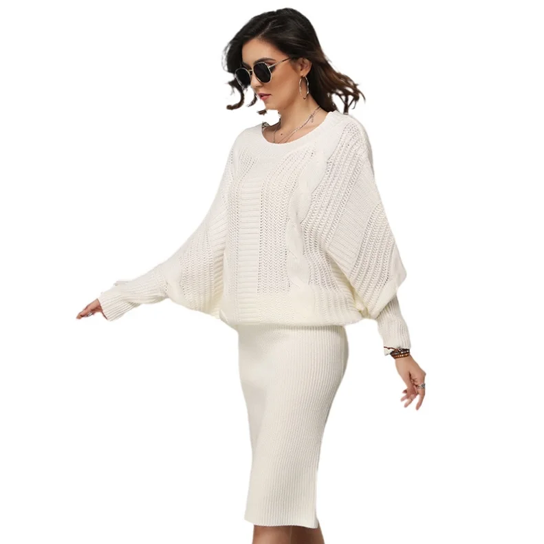 

2020 New autumn Hot Selling Bat sleeve O- neck solid Knitted dress women ladies sweater dress long sleeve
