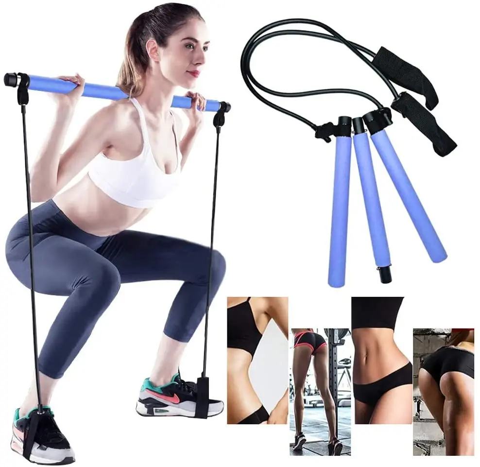 

Fitness GYM Equipment 3 Section Yoga Exercise Bar Pilates Bar Stick With Foot Loop, Pink, blue, purple, black, etc.