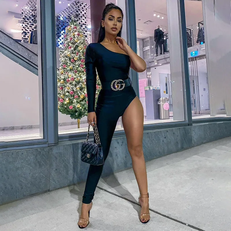 

Hot sale new fashion boutique winter one piece black color sexy one leg jumpsuit