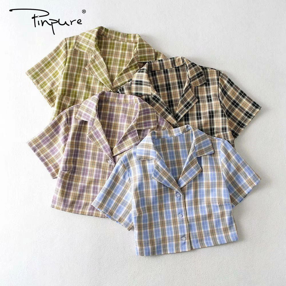 

R50273S 2020 fashion cotton women fashion checked printed lapel single-breasted shirt, As picture