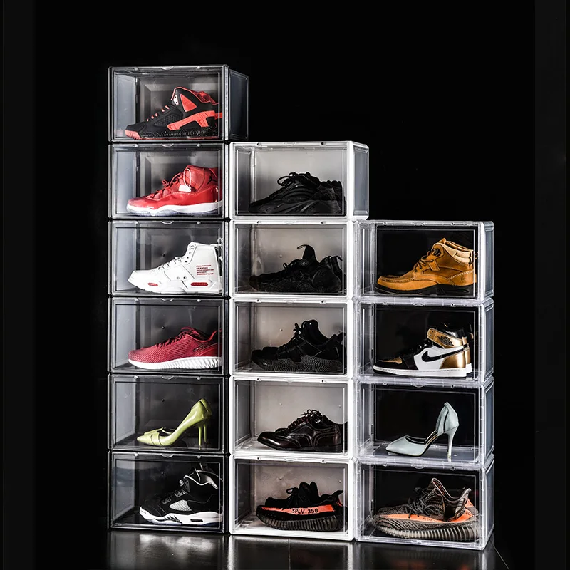 Eco-friendly PP Magnet absorbing Front Opening Door Transparent Shoe Storage Box Clear Shoe Container