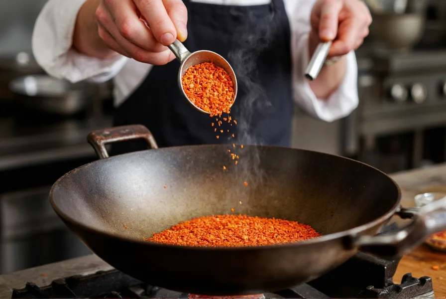 Chef adding Sichuan red pepper flakes to hot oil in wok, showing proper blooming technique for maximum flavor extraction