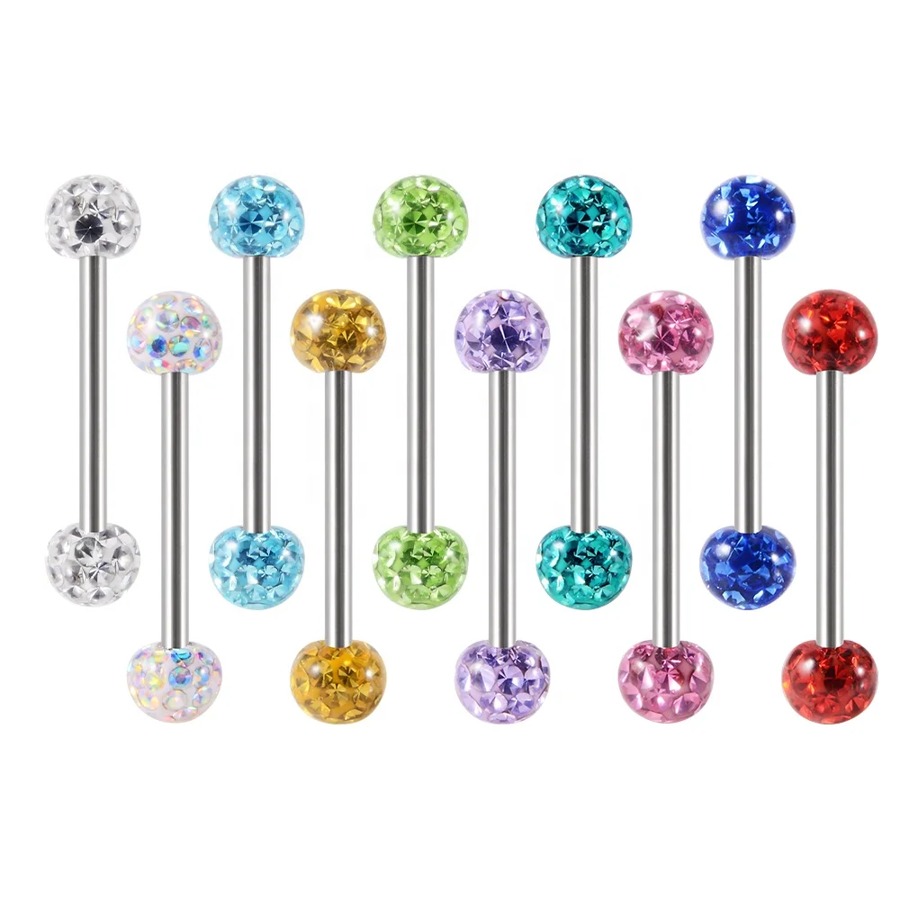 14G Surgical Steel Ferido Epoxy Crystal Ball External Thread Tongue Industrial Barbell Ear Piercing Jewelry Wholesale