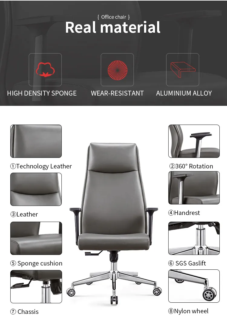 Chaises de bureau en cuir gris pivotant à 360 degrés, vente en gros