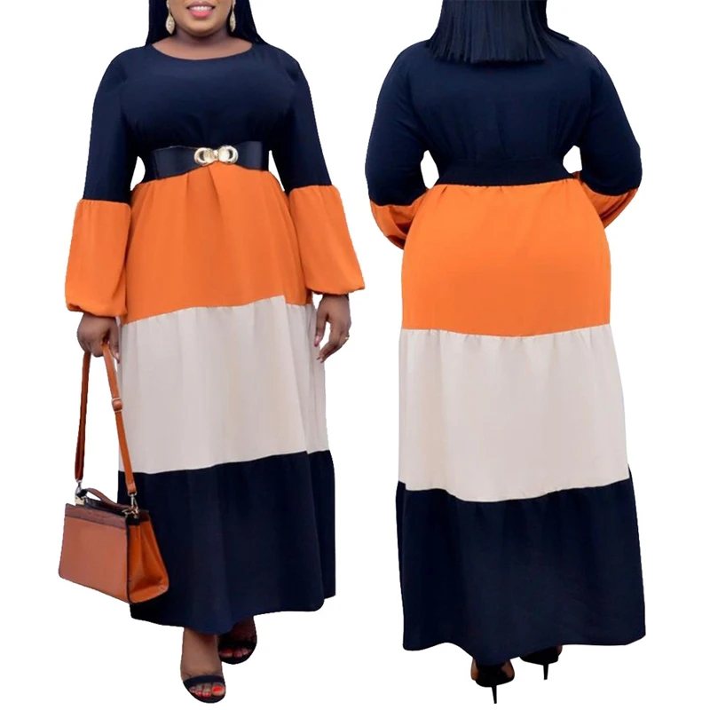 

Plus Size African O Neck Loose Robe Long Sleeve Dresses For Women Clothes Patchwork Maxi Dress Partyclub 2021, Orange