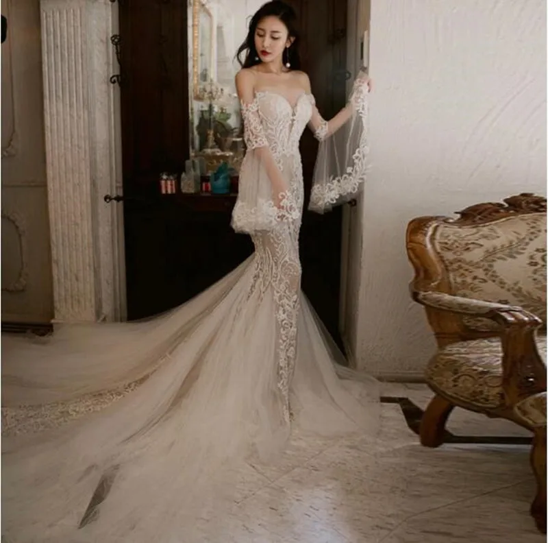 

2020 New Designs Wholesale Illusion Small Train Off the Shoulder Puffy Sleeve Wedding Dress Bridal Gowns Lace Mermaid