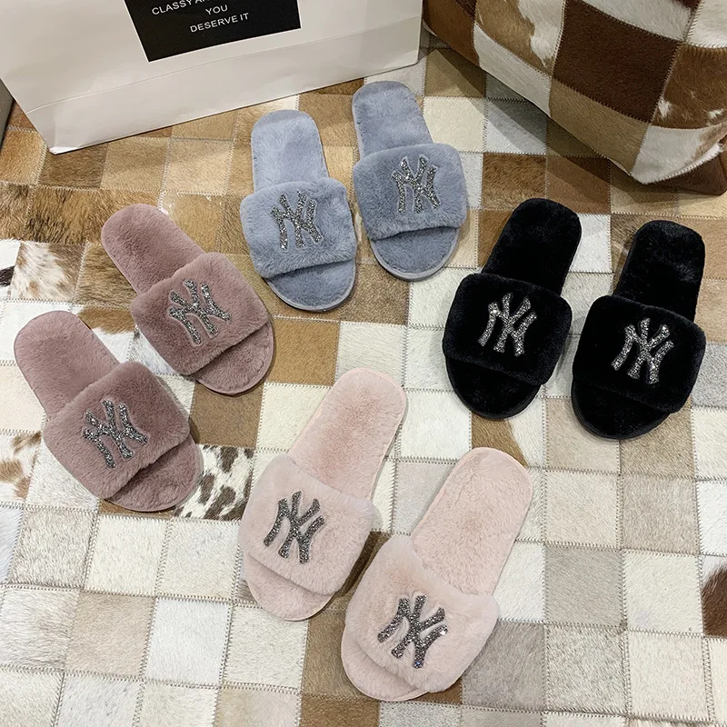 

2021 autumn and winter new diamond flat warm fashion cotton plush fur slippers women designer shoes, Customized color