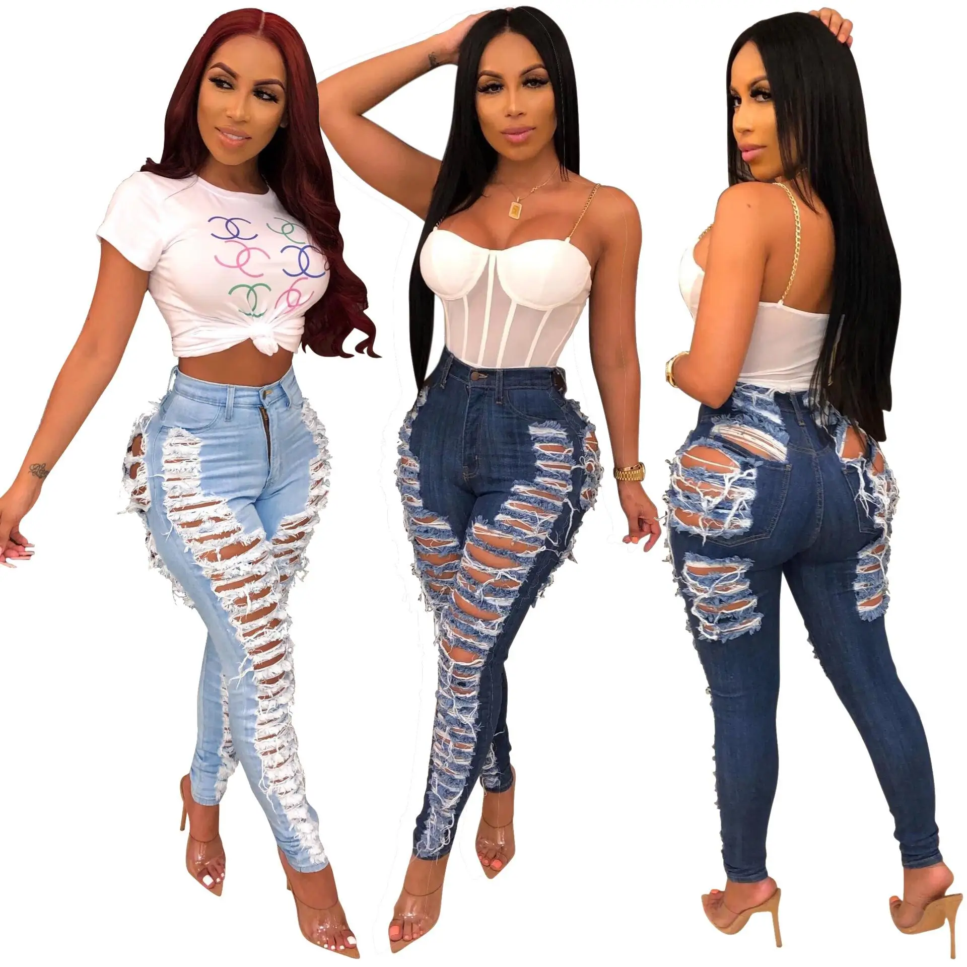 

2021summer new Custom New Fashion Women Boyfriend Jeans Distressed Slim Fit Ripped Pants Comfy Stretch Skinny Jeans, Photos show