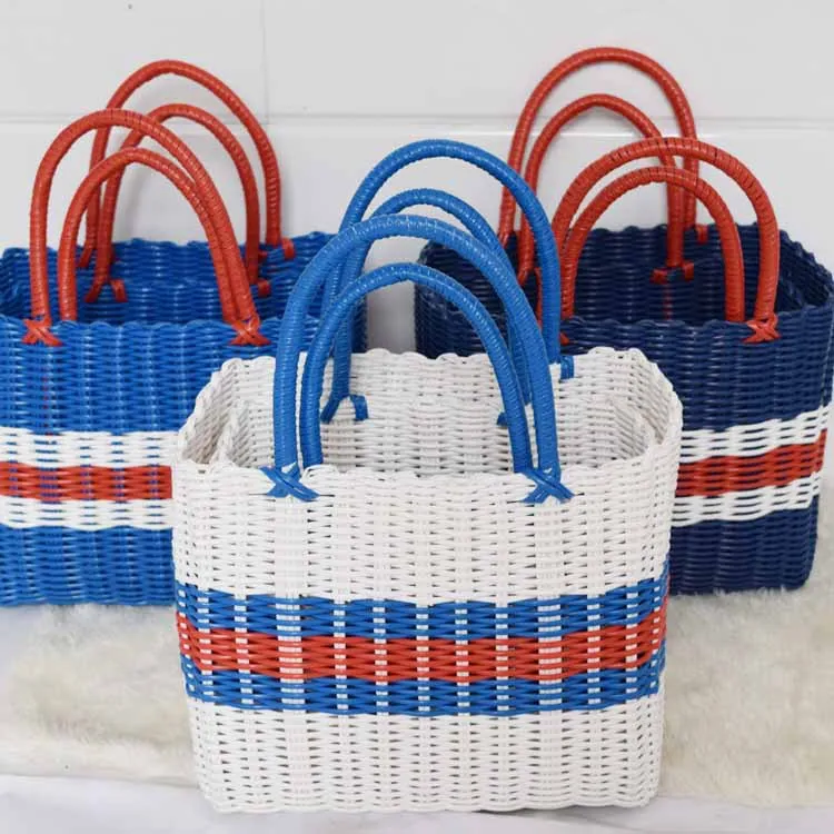 

Creative striped plastic hand woven storage basket woven shopping basket