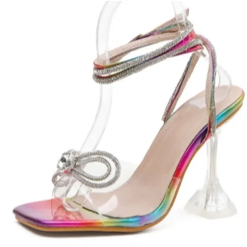 

Dropshipping Transparent Heel Luxury Shiny Women's Shoes with Rhinestone Bow Sexy High Heel Sandals Plus Size