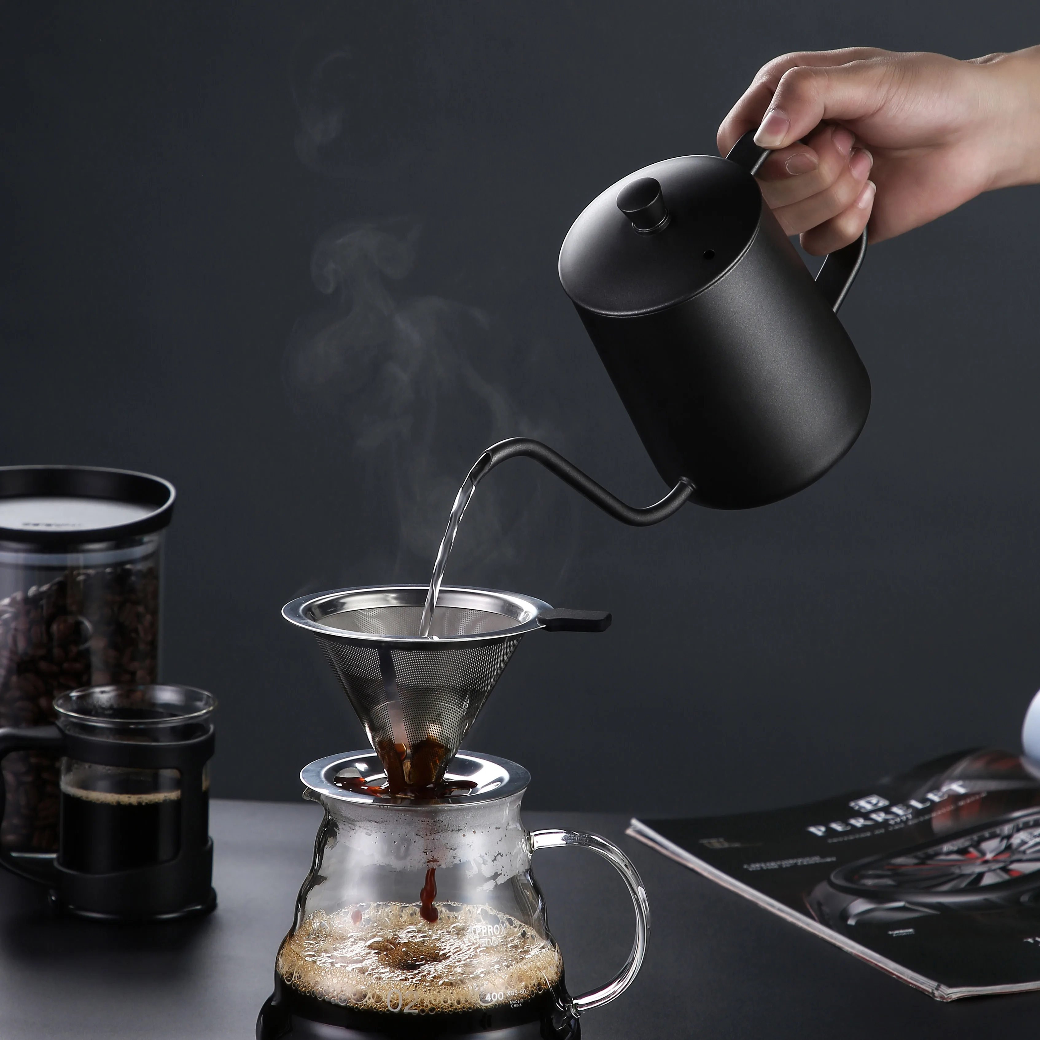 

New Design Hand Drip Filter V60 Pour Over Coffee Maker Practical Stainless Steel Coffee Filter Sets, Silver