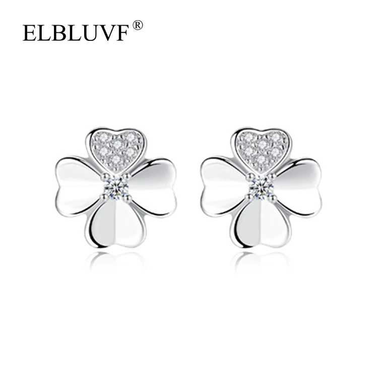 

ELBLUVF S925 Silver Plated Jewelry New Design Lucky Clover Zircon Heart Shape Earrings wholesale