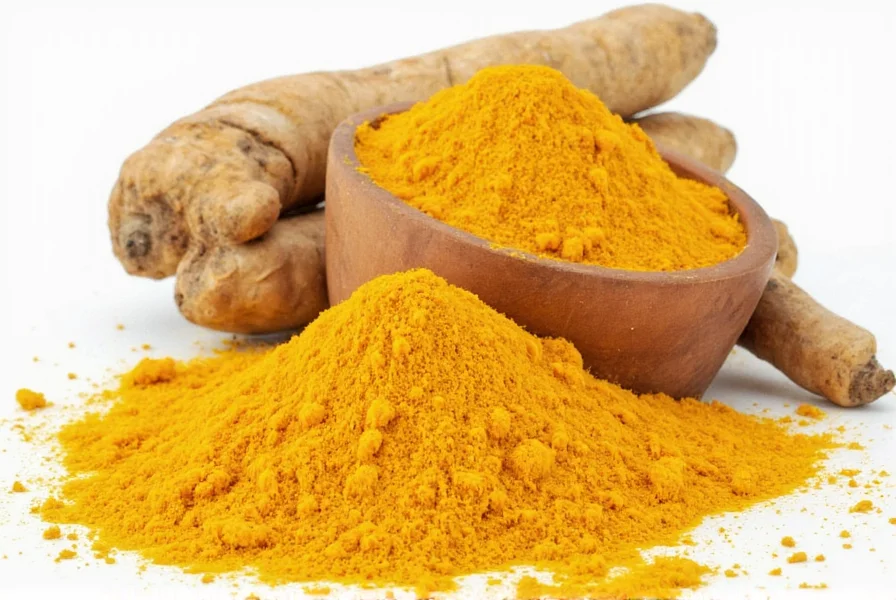 Turmeric root and powder labeled with Spanish translation