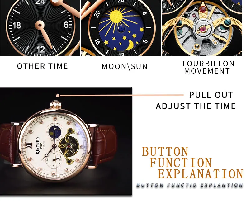 
KINYUED J053 Luxury Watch Mechanical Moon Phase Calendar High Quality Automatic Tourbillon Mechanical Men Watches 