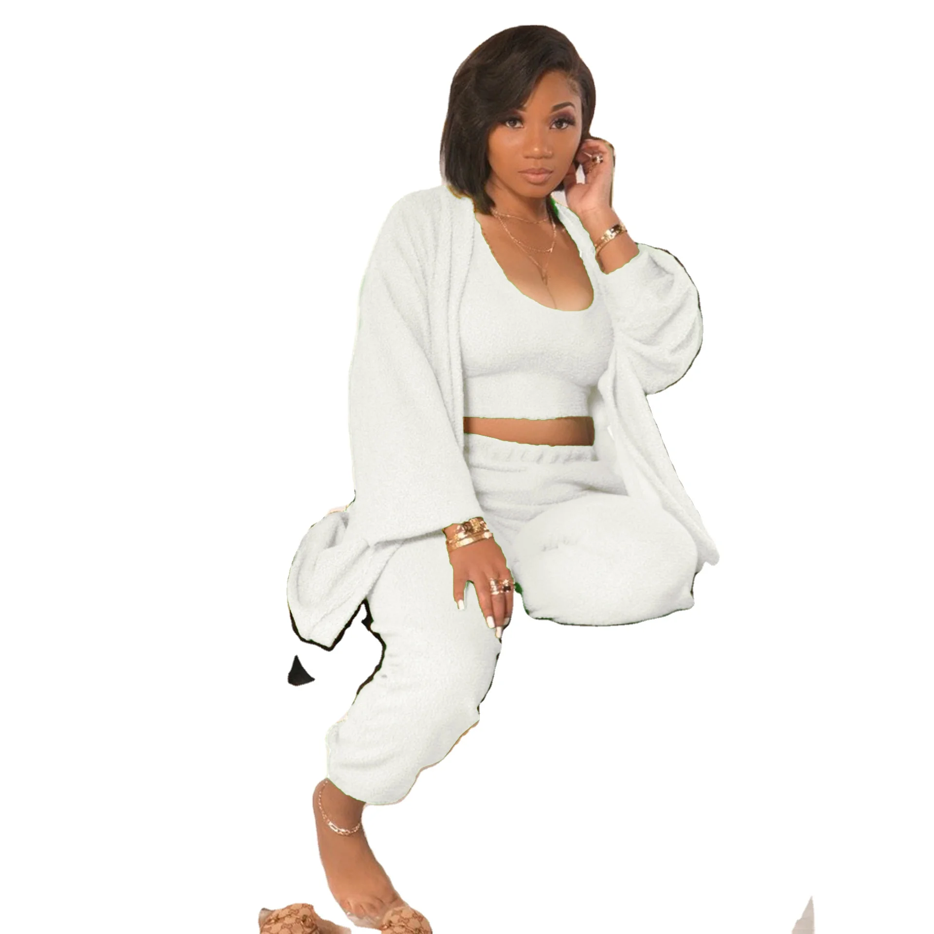 

Plush loose three-piece suit sexy club dress long pants 3 piece set designs women's pants in 2022 she in