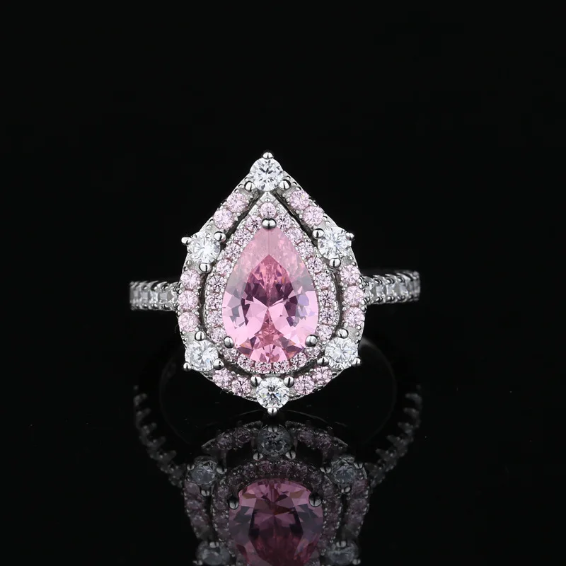 

2022 New Cross-Border Teardrop-Shaped Micro-Encrusted Diamond Pink Pear-Shaped Ring, Picture shows