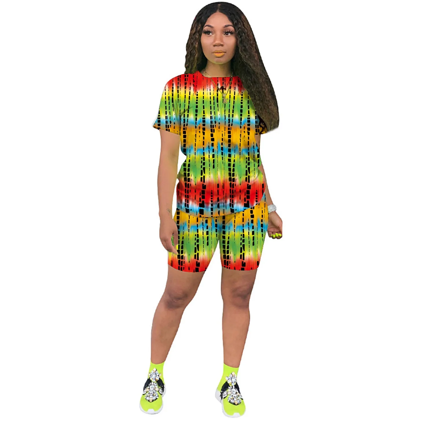 

New Arrivals Summer Fashion Woman Casual Shirt 2 Pc Sets Tie Dyed 2021 Shorts Outfits For Women, Picture color