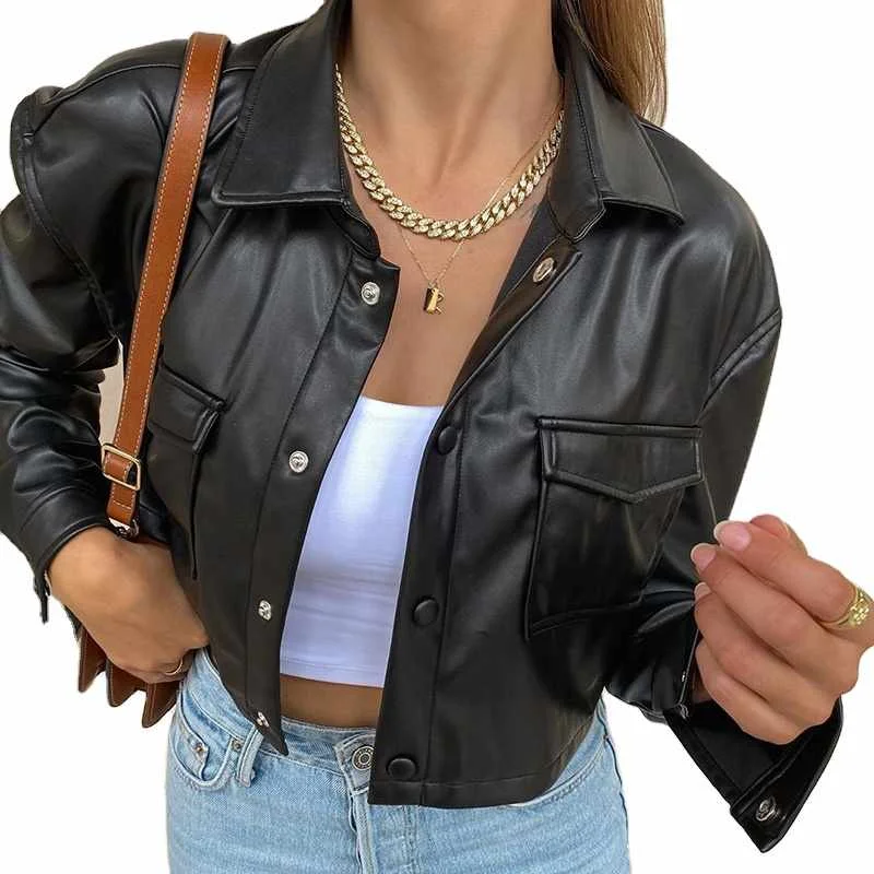

Latest Winter Streetwear PU Cropped Single Button Womens Girls Coats And Motorbike Leather Jackets