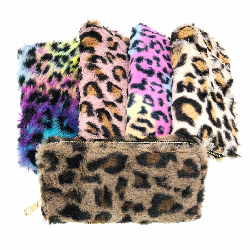 

Purse Zipper Rainbow Tie Dye Plush Faux Fur Fluffy Leopard Print Fluffy Wallet Bag leopard purse