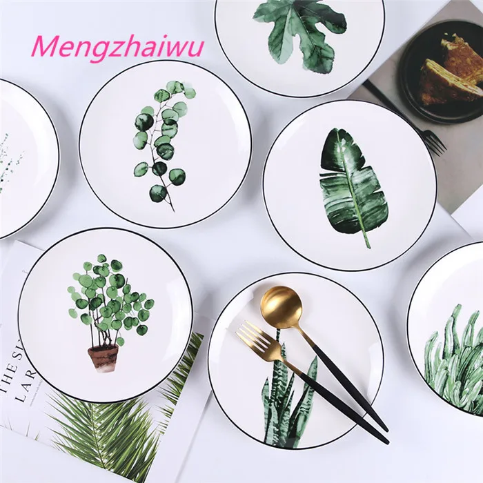 

2020 New creative household products malaysia Green plant design ceramic luxury dinnerware home fruits dinner porcelain plates, Mixed