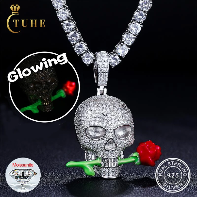 

New Original Design Glow In The Dark Rose Knight Pendant 925 Sterling Silver VVS Moissanite Diamond Punk Style Gothic Jewelry