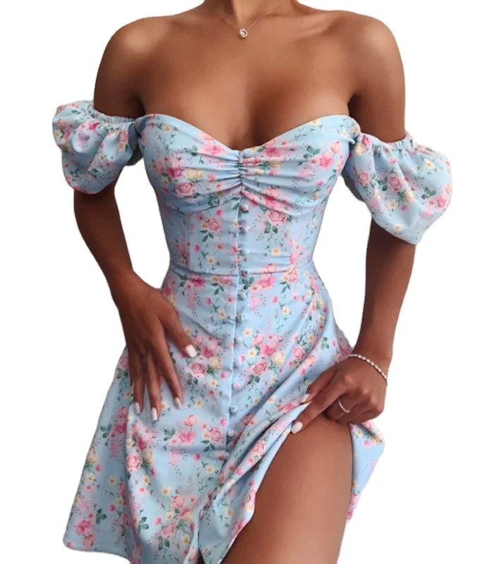

DB03A03 2021 Summer Short Sleeve Backless Floral Puffy Occasion Cute Dresses Women