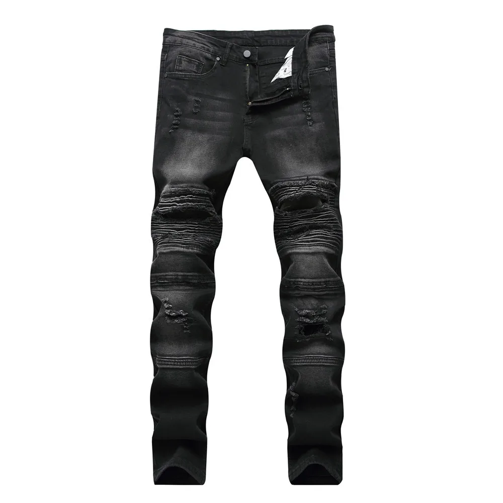 

Fall Jeans Men's Broken Knee Holes Slim Straight Stretch Folds Locomotive Men's Trousers Trend