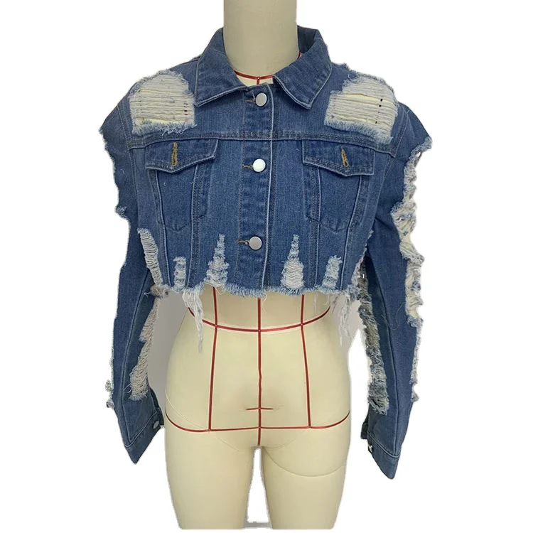 

High Quality Women Jeans Jacket Short Denim Jacket Fashion Jeans Tops Holes Long Sleeve Casual Outwear Coat, Picture showns